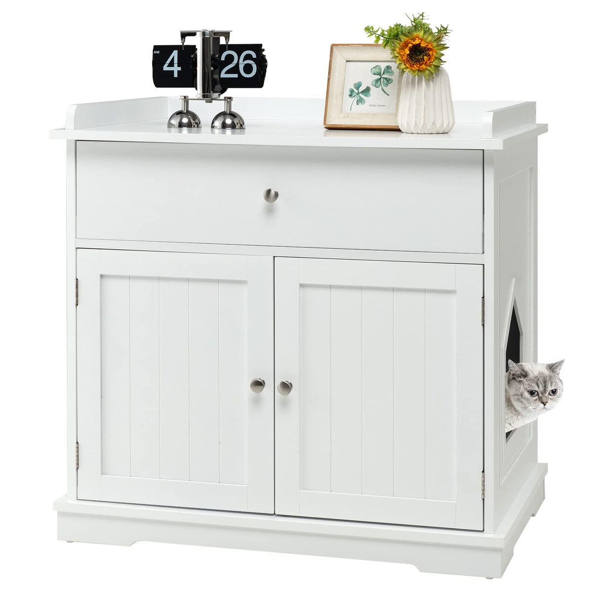 PETSITE Cat Litter Box Enclosure, Large Cat Washroom End Table with Drawer & 2 Doors, Wooden Cat House Storage Cabinet, Hidden Litter Box Furniture, White PETSITE