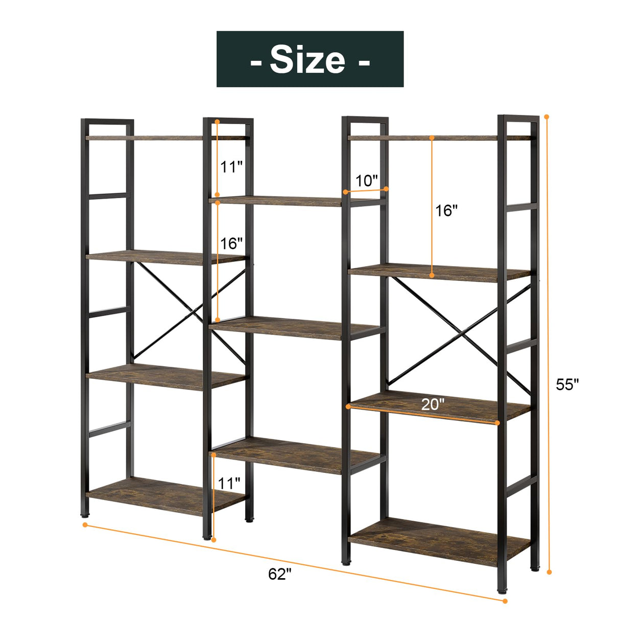 GRUSIGN Triple 4 Tier Book Shelf, Modern Bookcase Shelf, Freestanding Large Display Shelves for Living Room/Office/Garage, Stable Large Bookshelf with Storage for Books/Lego/Plants, Rustic Brown GRUSIGN