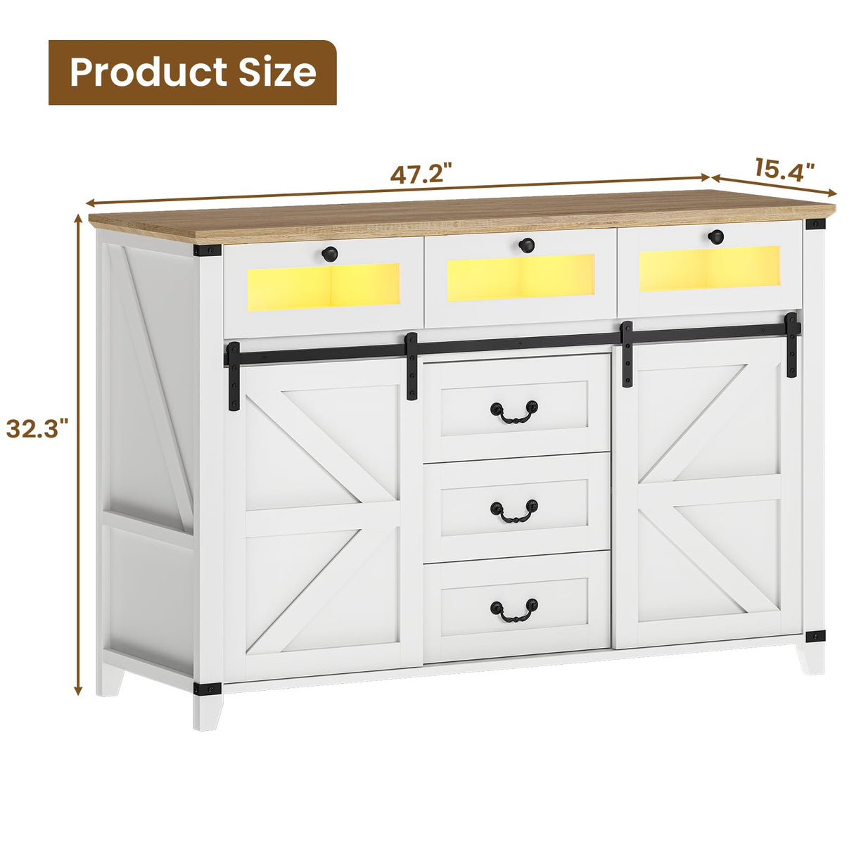 Tiptiper Buffet Sideboard Cabinet with Storage & LED Lights, 6 Drawers & 2 Sliding Barn Door, Farmhouse Buffet Table Coffee Bar Storage Cabinet for Dining Room, Living Room (White) Tiptiper