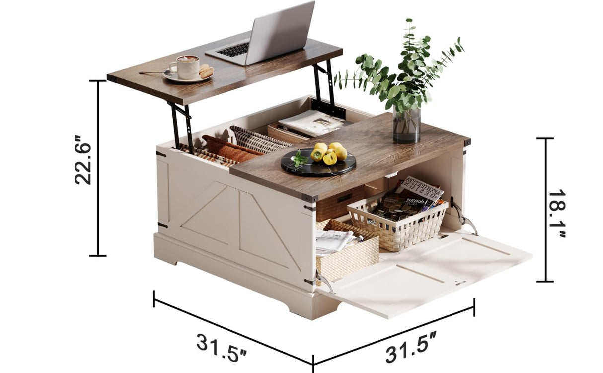 ChooChoo Farmhouse Coffee Table with Hidden Storage, Large Square Center Coffee Table with Lifting Top and Flip Drawer, Wood Rustic Cocktail Coffee Table for Living Room, Soft White ChooChoo
