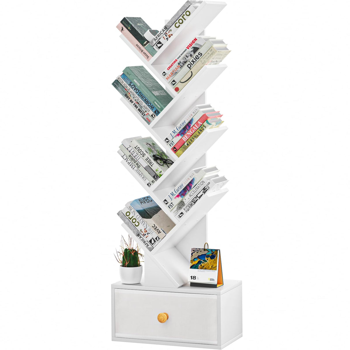 SHEEPAM 8 Tier Tree Bookshelf with Drawer, Free Standing Wood Bookcase for Living Room, Bedroom, Home Office, Space Saving Storage Organizer Bookshelves for Books, CDs, Vinyl Records- White SHEEPAM