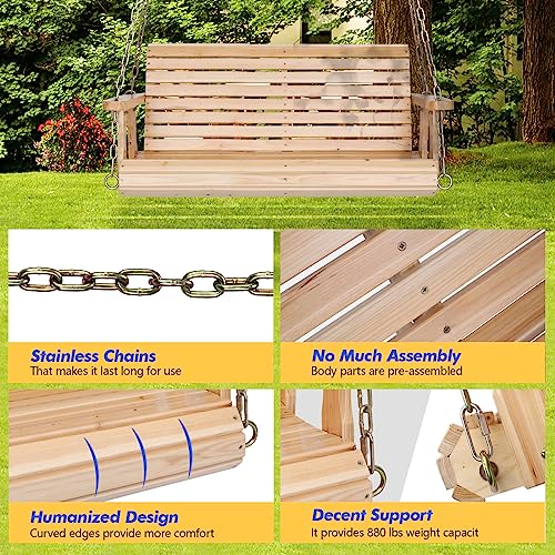 VINGLI Upgraded Patio Wooden Porch Swing for Courtyard & Garden, Heavy Duty 880 LBS Swing Chair Bench with Hanging Chains for Outdoors (4 FT, Natural) VINGLI
