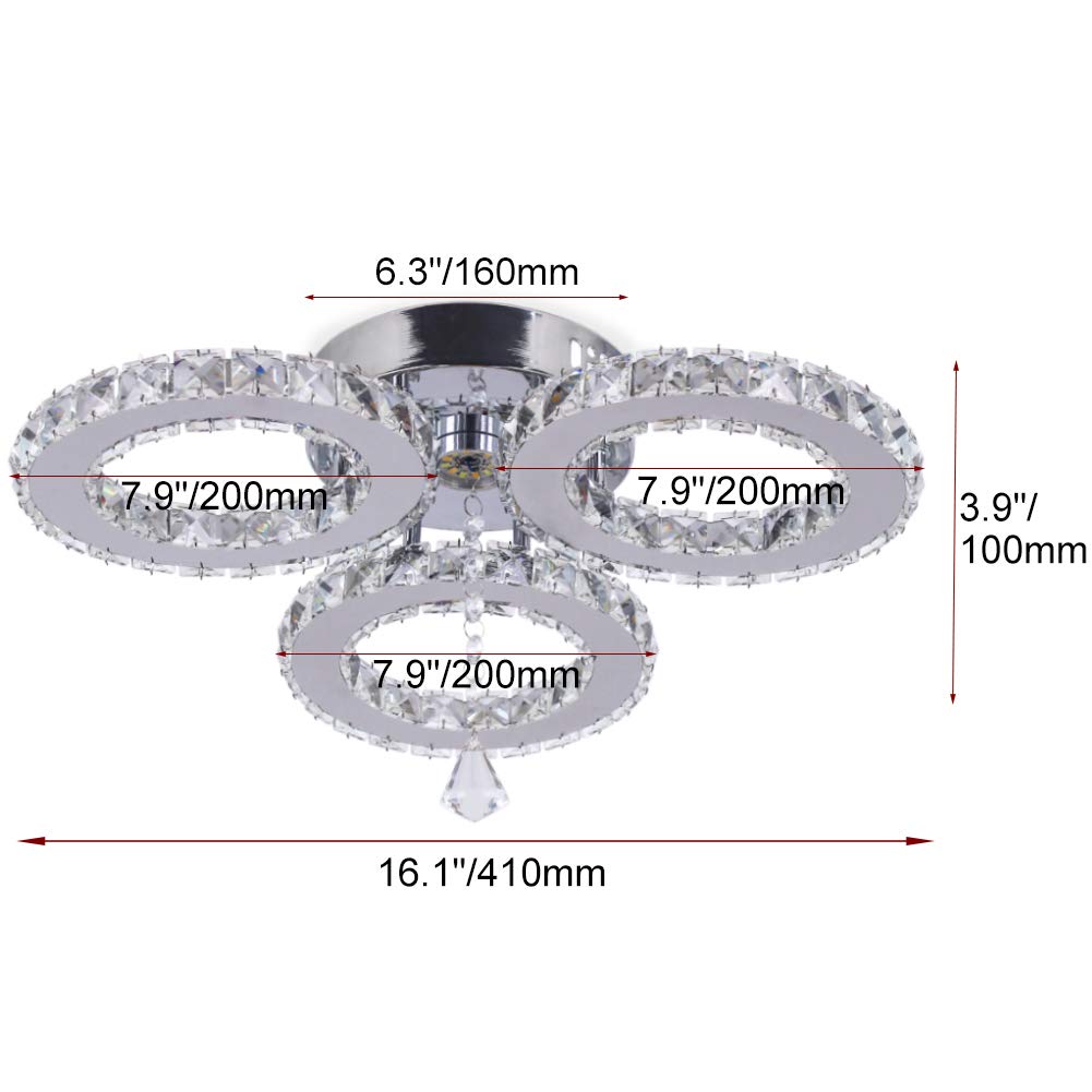 diisunbihuo LED Crystal Ceiling Light 13x3.5 Inches 3 Rings Crystal Chandelier Flush Mount Lighting Fixture for Bedroom Hobby Living Room (Cool White) diisunbihuo