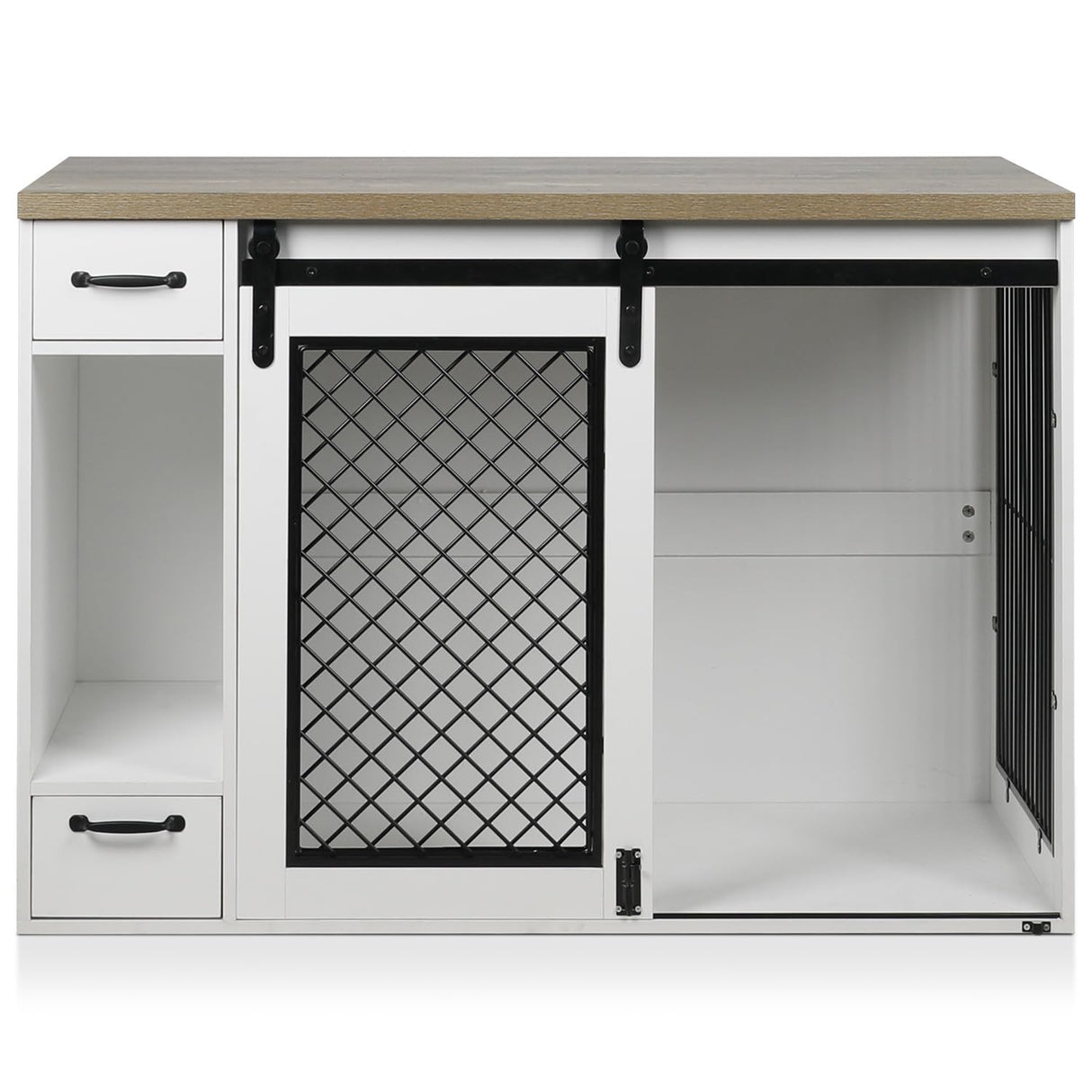 Large Dog Crate, Dog Crates for Medium Dogs, 47.2" Dog Kennel Indoor with Drawers, Feeder Bowls and Storage, 2 Sliding Doors, Heavy Duty Dog Crate Farmhouse Modern Side End Table for Small Medium Dogs okcomuy