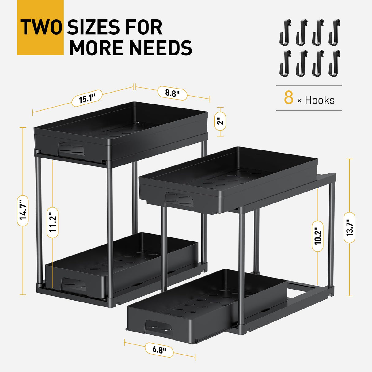 Delamu Under Sink Organizers and Storage, 2 Pack Pull Out Kitchen Bathroom Cabinet Organizer, 2 Tier Black Under Sink Storage for Bathroom Kitchen, Under Counter Storage Organizer with 8 Hooks Delamu