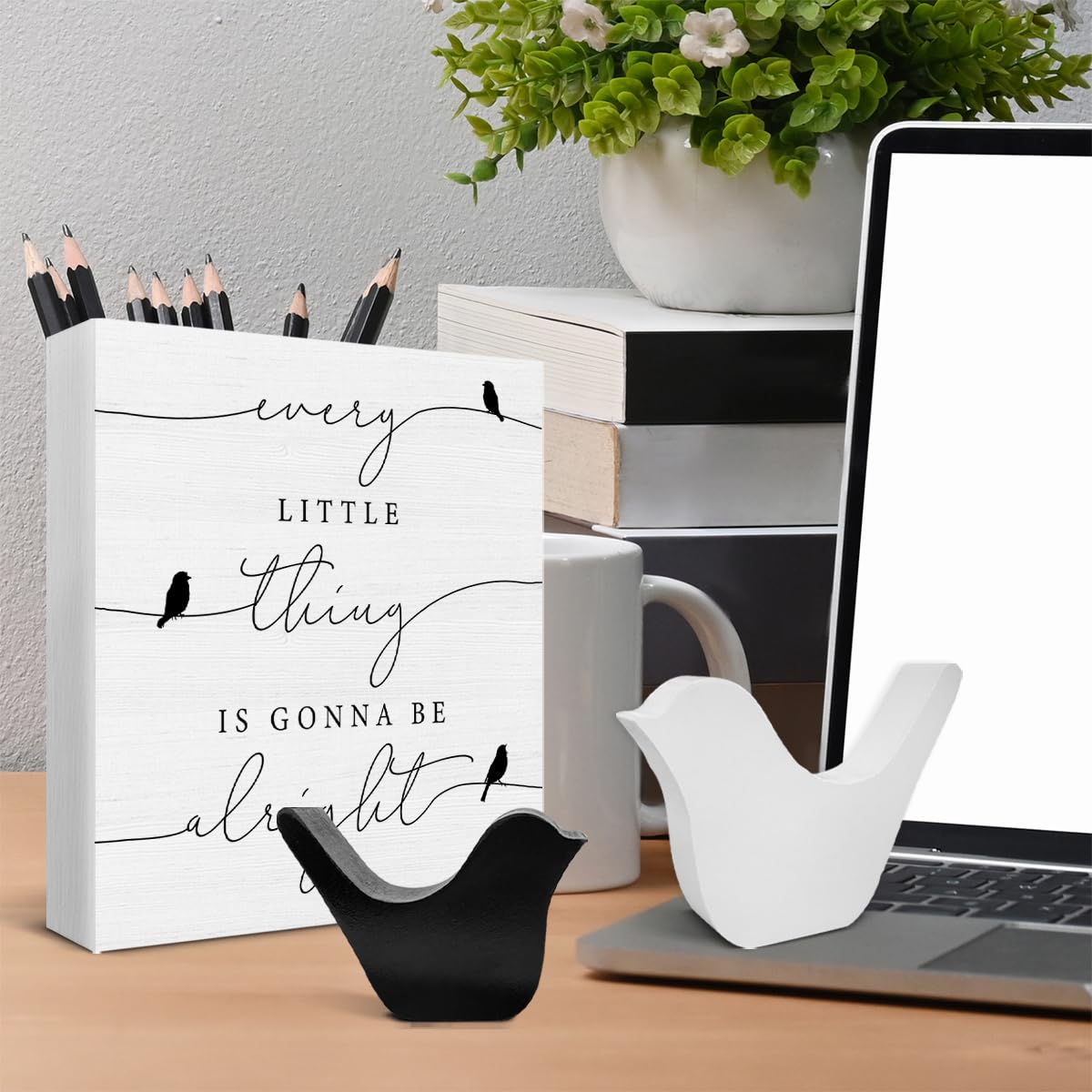 Every Little Thing is Gonna Be Alright Birds Wooden Box Sign Farmhouse Wood Box Sign Spring Art Blocks Desk Shelf Tabletop Home Decor (with 2 Wood Bird Statues) Bifez