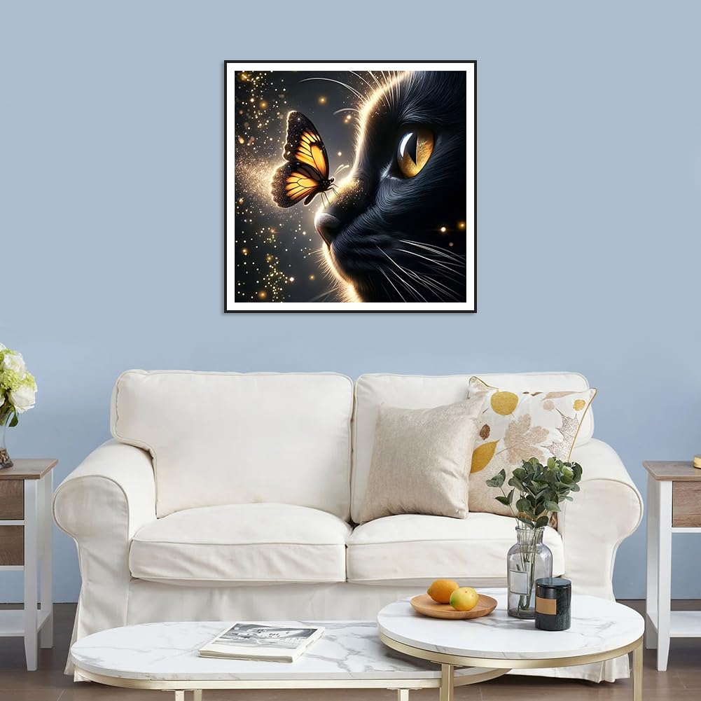 SJUTOUCI Cat Butterfly Diamond Painting Kits for Adults, Diamond Art Kits for Beginners, DIY 5D Full Drill Gem Craft Art for Home Decoration Gift 12x12 inch, Animals SJUTOUCI