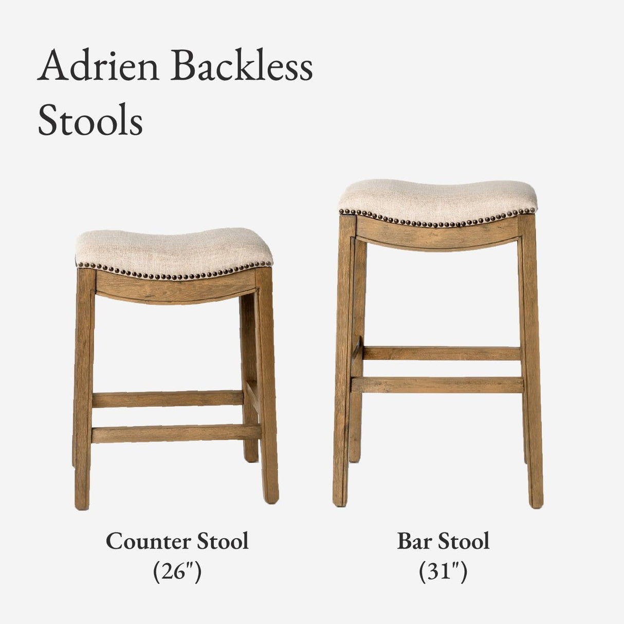 Maven Lane Adrien Backless Bar Stool – 31 Inch Saddle Seat with Footrest – Natural Solid Wood Frame & Natural Fabric Upholstery – Ideal for Bars, Pub Tables & Tall Kitchen Counters Maven Lane