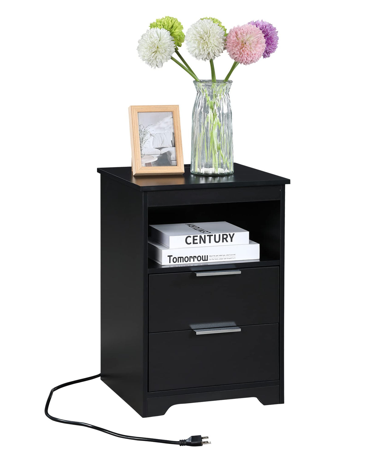 Kavonty Nightstand with Charging Station,End Table with 2 Drawers,Wooden End Table with Drawer and Opening Shelf,Side Table for Bedroom, Black Kavonty