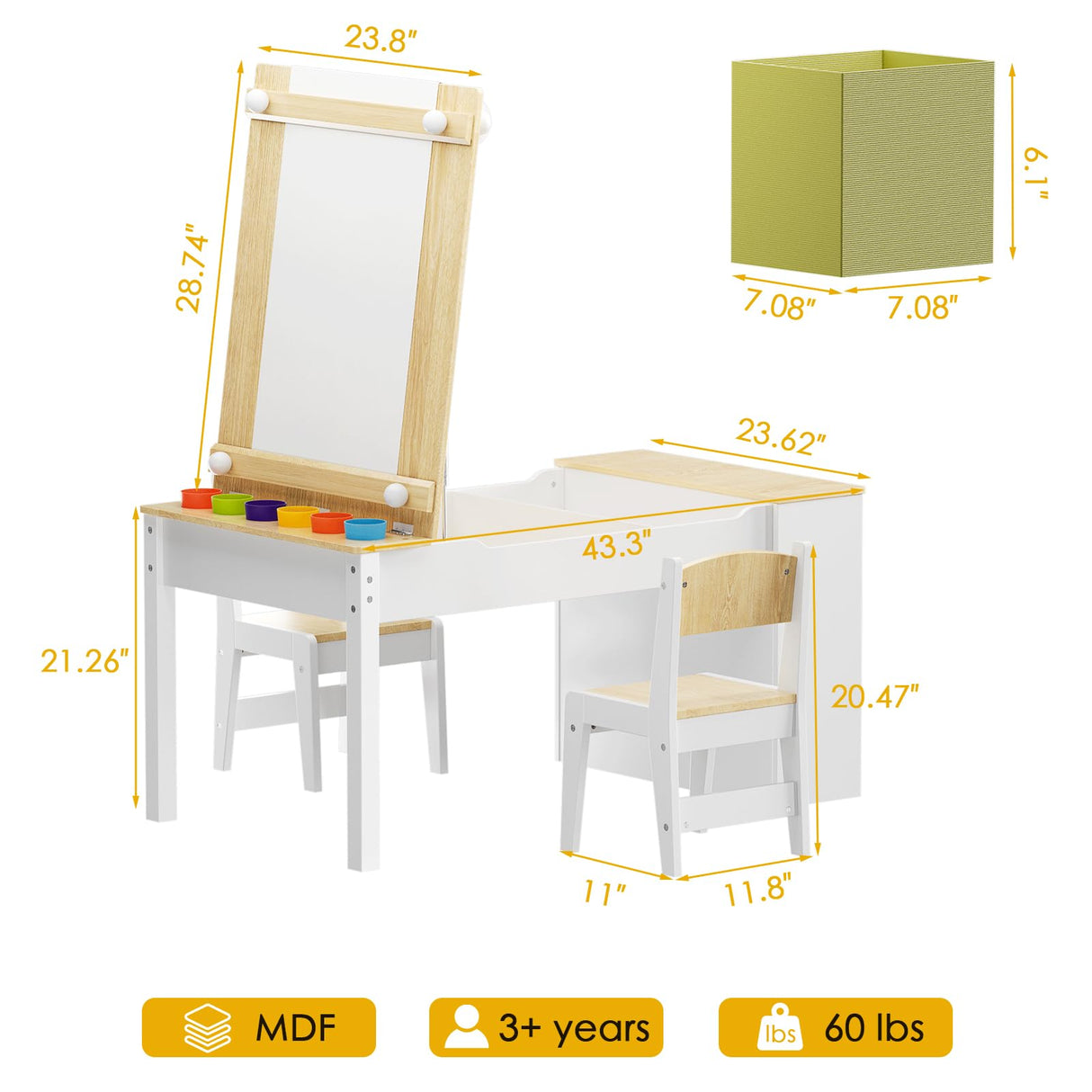 ROOMTEC 2-in-1 Kids Table and Easel Chair Set, Toddler Craft Play Wood Activity Desk with Storage Bins & Paper Roll for Art, Drawing, Reading, Playroom, White, OneSize ROOMTEC