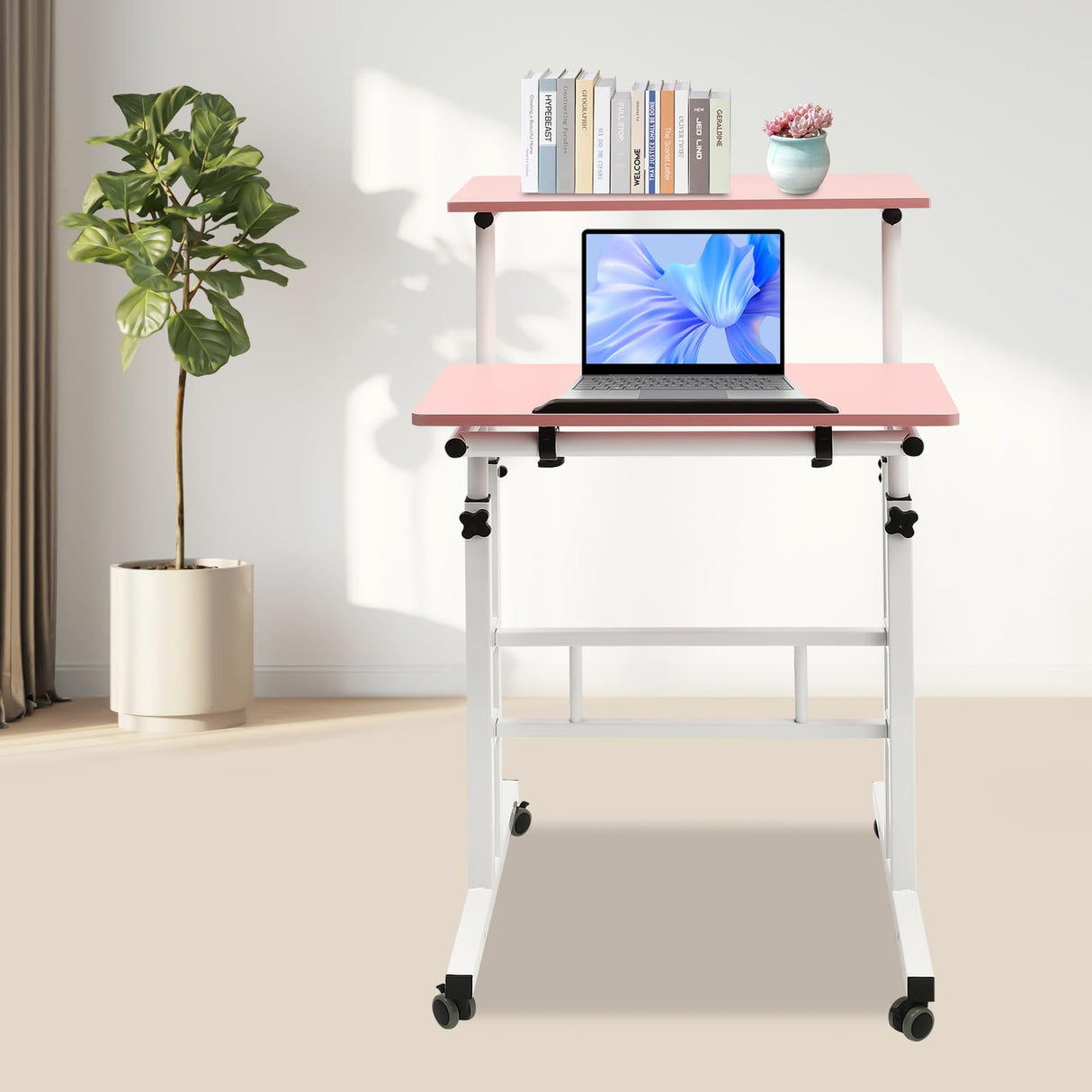Kreiaoer Height Adjustable Table, Small Adjustable Standing Desk with Wheels Home Office Workstation, Portable Rolling Desk Laptop Cart for Standing or Sitting (Pink) Kreiaoer
