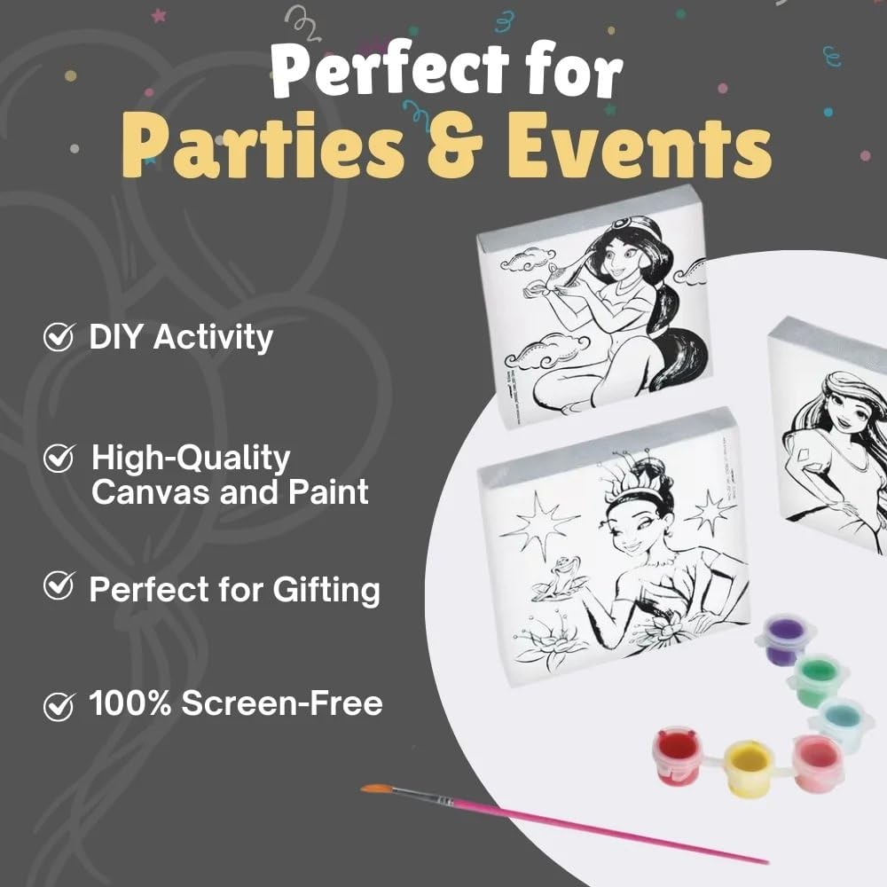 Disney Princess Color Your Own Canvas (4" x 4") - Customizable, Fun & Inspiring Artwork for Kids and Creativity Enthusiasts - 1 Set Amscan