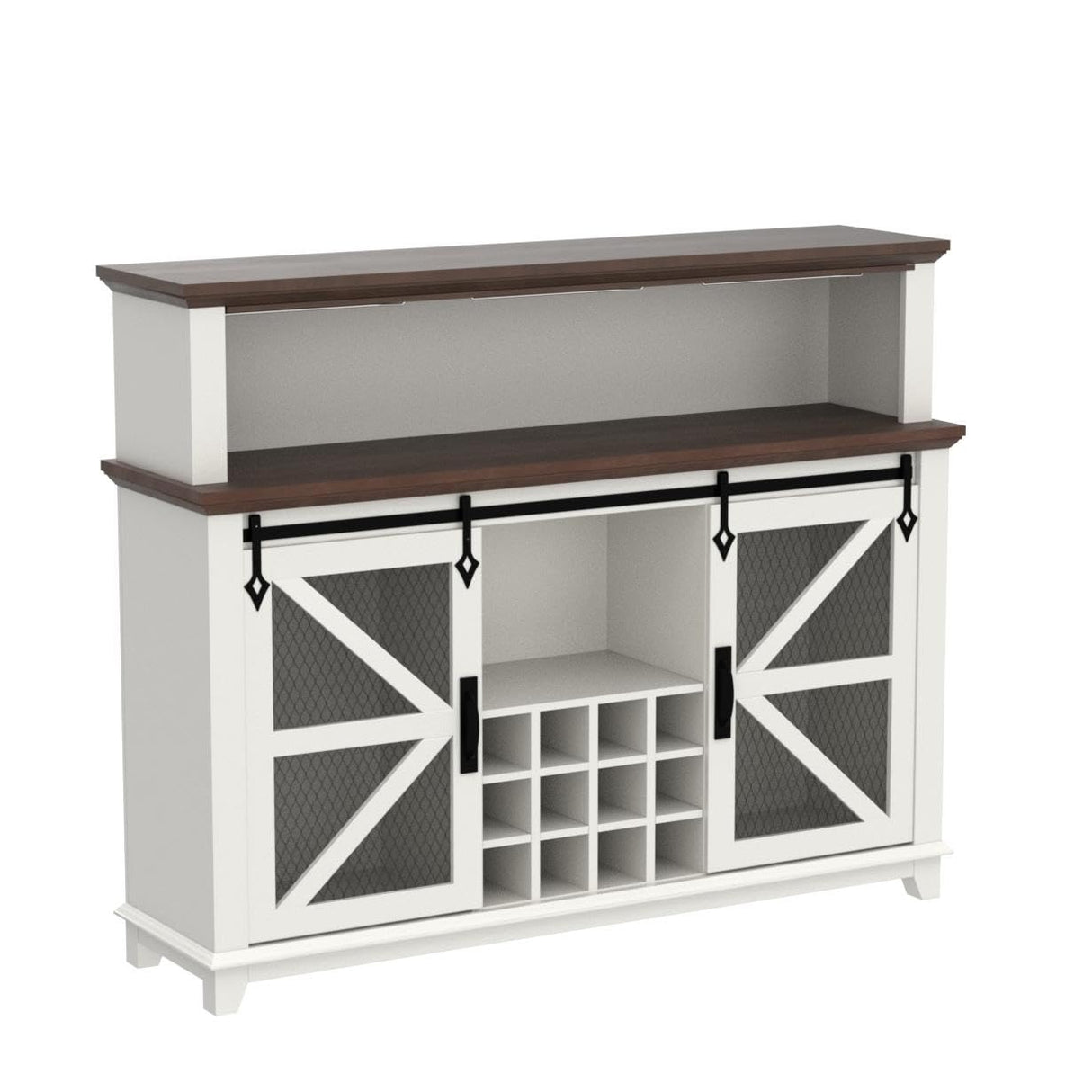 OKD Farmhouse Coffee Bar Cabinet with LED Lights, 55" Sideboard Buffet Table w/Sliding Barn Door & Wine and Glass Rack, Home Liquor Bar w/Storage Shelves for Dining Room,Antique White OKD