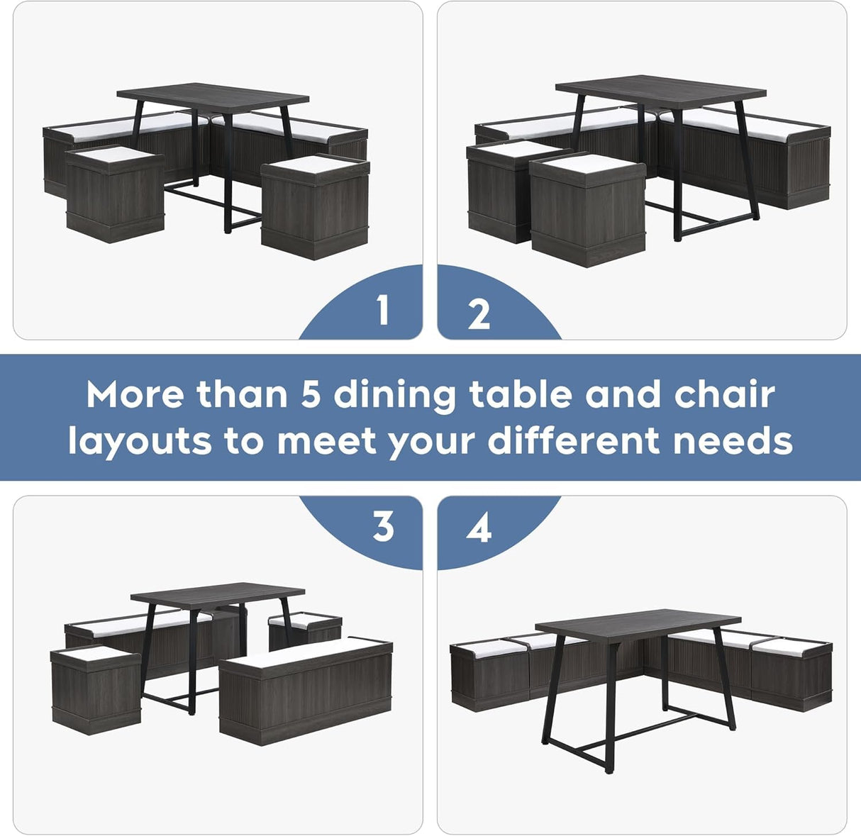 XIAO WEI Corner Dining Table Set with Storage Stool and Storage Bench,47 Inch Rustic Brown Breakfast Nook with Banquette Seating,6 Pieces Dining Table Set Corner Booth for Kitchen and Dining Room XIAO WEI