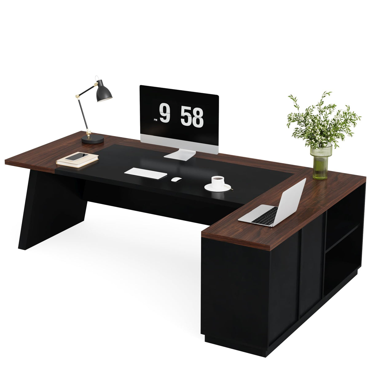 Tribesigns 78" L-Shaped Executive Desk, Large Office Desk with Drawers and Lateral File Cabinet, Business Furniture with Storage Shelves, Modern Computer Desk for Home Office, Walnut & Black Tribesigns