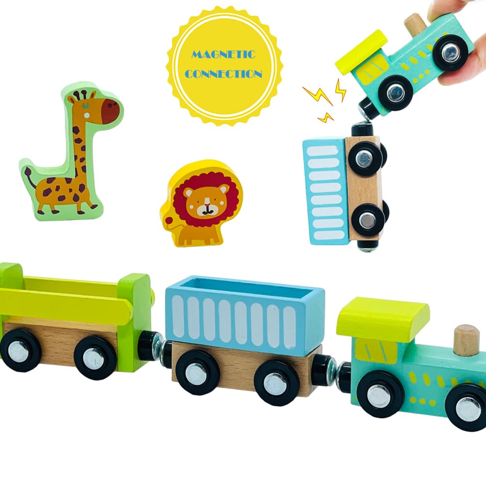 Wooden Trains Cars with Crane Magnetic Train Toys for Wooden Train Tracks Train Sets for Toddlers and Kids Ages 3+ (Zoo Train) SAIBURAZ