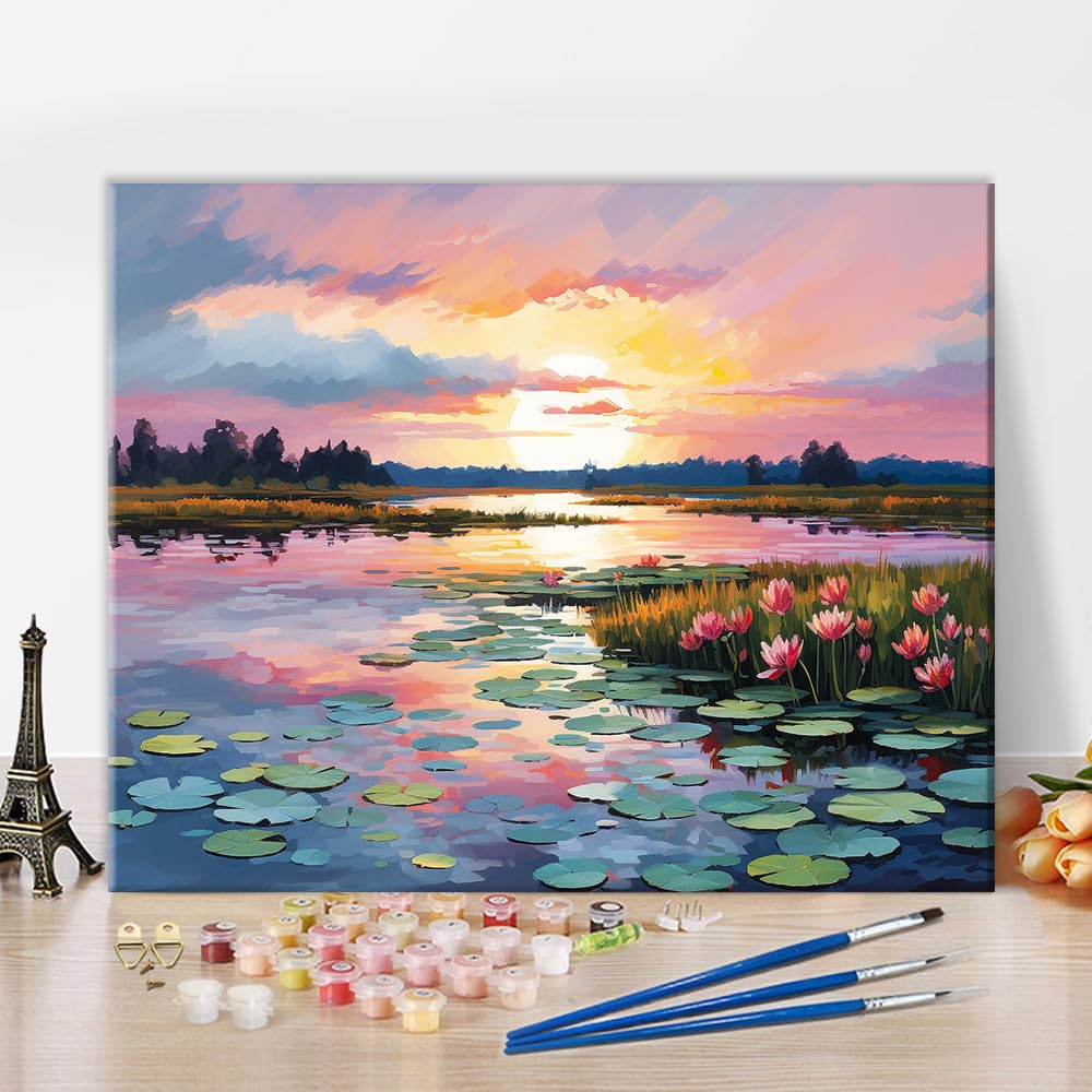 Paint by Numbers Kit for Adults Sunset Lake Landscape Painting DIY Art with 16x20 Inch Canvas Acrylic Paints and Brushes Impressionist Style Scenery Relaxing Hobby Gift Idea TUMOVO
