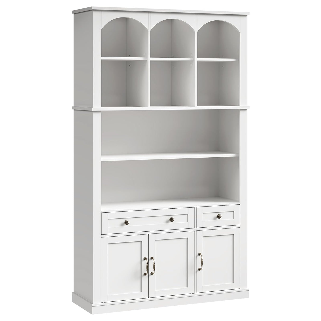 RALGEND 73.2" Tall Farmhouse Arched Bookshelf with Drawer and Door, 6 Tier Mid Century Modern Book Shelf and Bookcase with Storage, Floor Standing Display Cabinet for Living Room, Home Office, White RALGEND