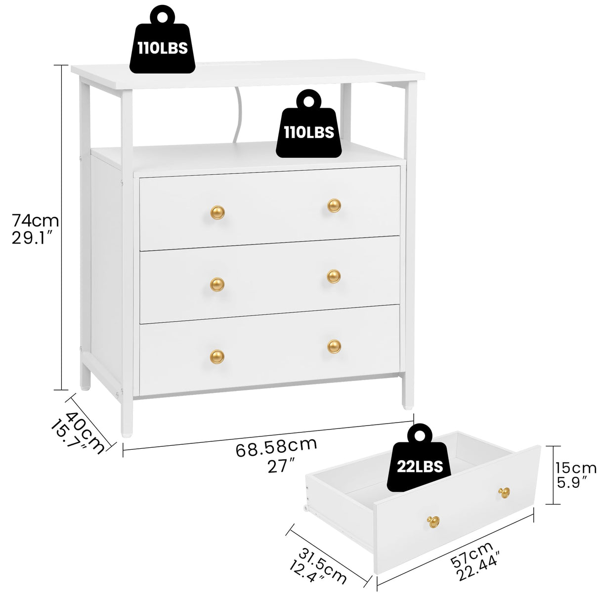 Edbuosy 3 Wooden Drawers Night Stand, 27 Inch Wide Nightstand with Charging Station and Adjustable Drawers, Small Dresser for Closet, Bedside Table for Living Room/Bedroom/Office, White. Edbuosy