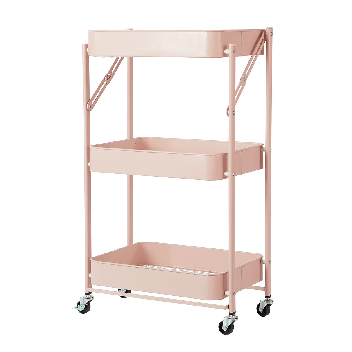 Urban Lifestyle 3 Tier Foldable Metal Rolling Storage Utility Cart, No Tools Assembly, Blush Urban Lifestyle