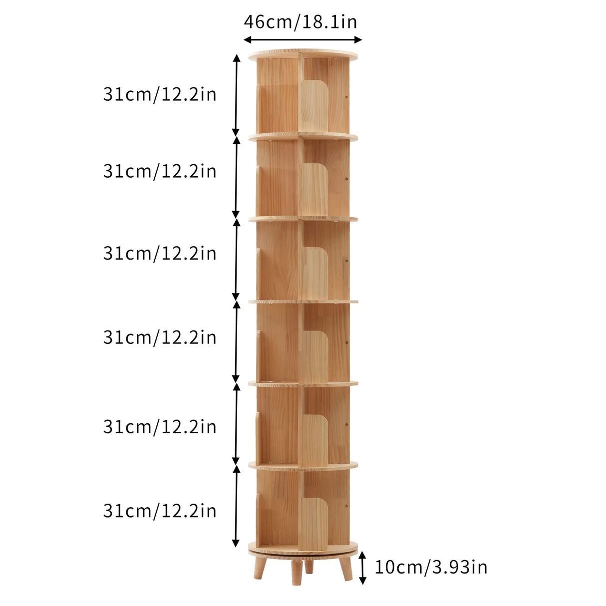 GNJINX 6-Tier Rotating Solid Wood Bookshelf - Stylish and Space-Saving Storage Rack GNJINX