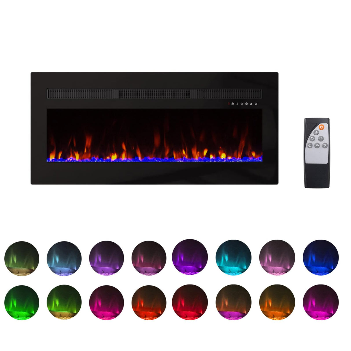 Panana Electric Fireplace Heater Wall Mounted, 60 inch Wide Recessed Electric Fireplace, 1400W, 8H Timer, 20 Color Flame, Remote Control, Log Set & Crystal Panana