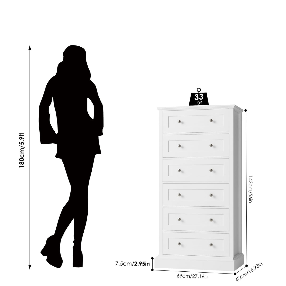 FACBOTALL 6 Drawer Dresser, 56" Tall White Dresser with Mental Double Handles, Chest of Drawers Cabinet for Hallway Living Room FACBOTALL