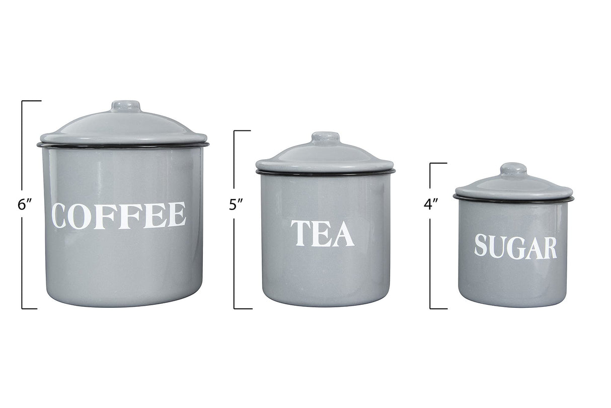 Creative Co-Op Metal Containers with Lids, "Coffee", "Tea", "Sugar" (Set of 3 Sizes/Designs),Grey Creative Co-Op