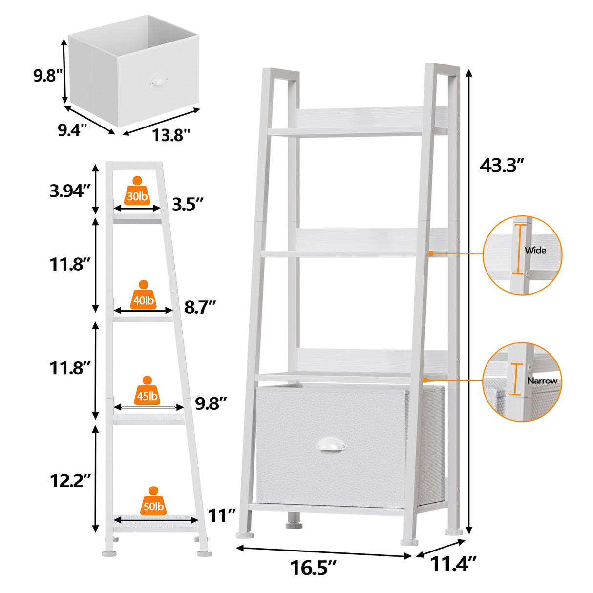 Furologee 4-Tier White Ladder Shelf, Ladder Bookshelf with Removable Drawer, Bookcase Storage Rack Organizer, Freestanding Storage Shelves for Living Room, Home Office, Bedroom Furologee