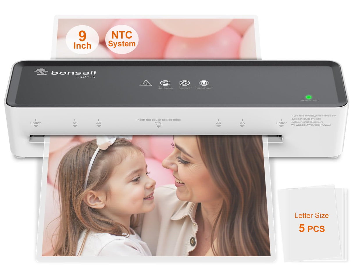 Bonsaii Laminator Machine with 5 Laminating Sheets, 9 Inch Thermal Laminating Machine for Doc/Posters/Photos, Compact Laminator for Home Office School, L421-Grey bonsaii