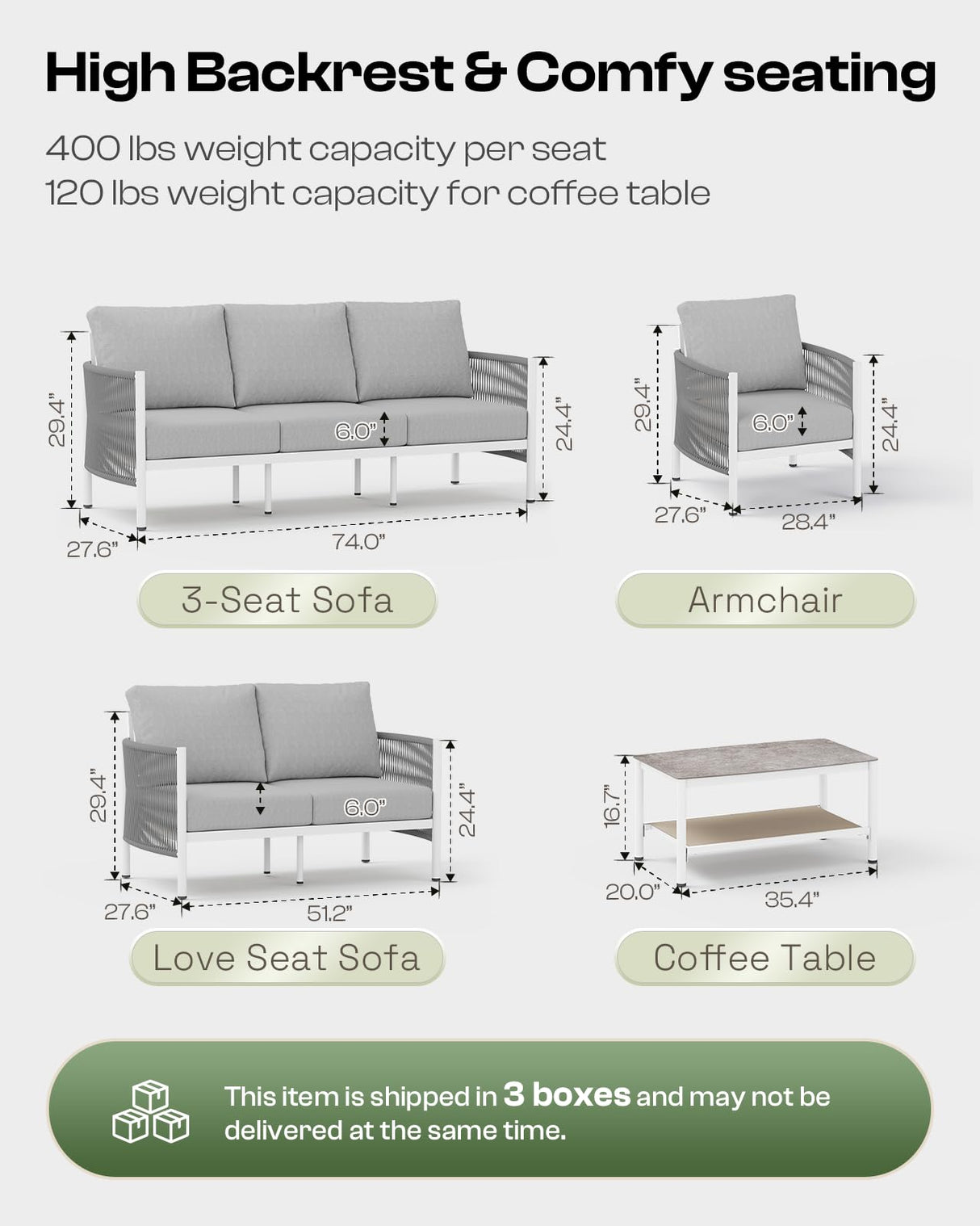 Oasbira Aluminum Outdoor Patio Furniture Set, HDPE Rope 4 Piece Modern Sectional Conversation Sets with Dual-Layer Coffee Table, All Weather Patio Couch Set with Thick Cushions, White Frame, White Oasbira