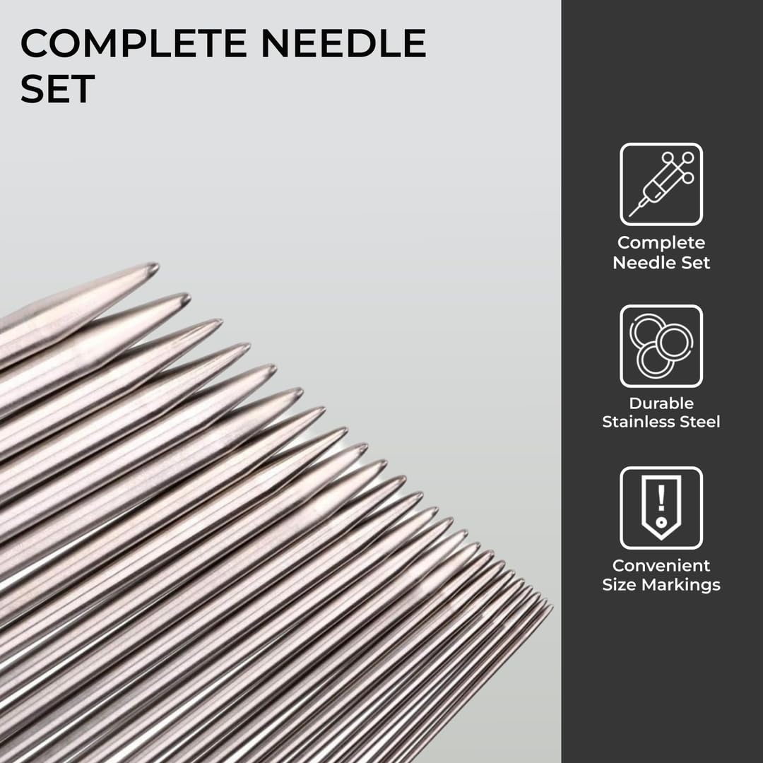 H&S Knitting Needles Set for Beginners Knitting Accessories - 11 Pairs of Stainless Steel Knitting Needles with Firm Grip Handle - Single Pointed Needle Set with Pouch for Easy Storage H&S