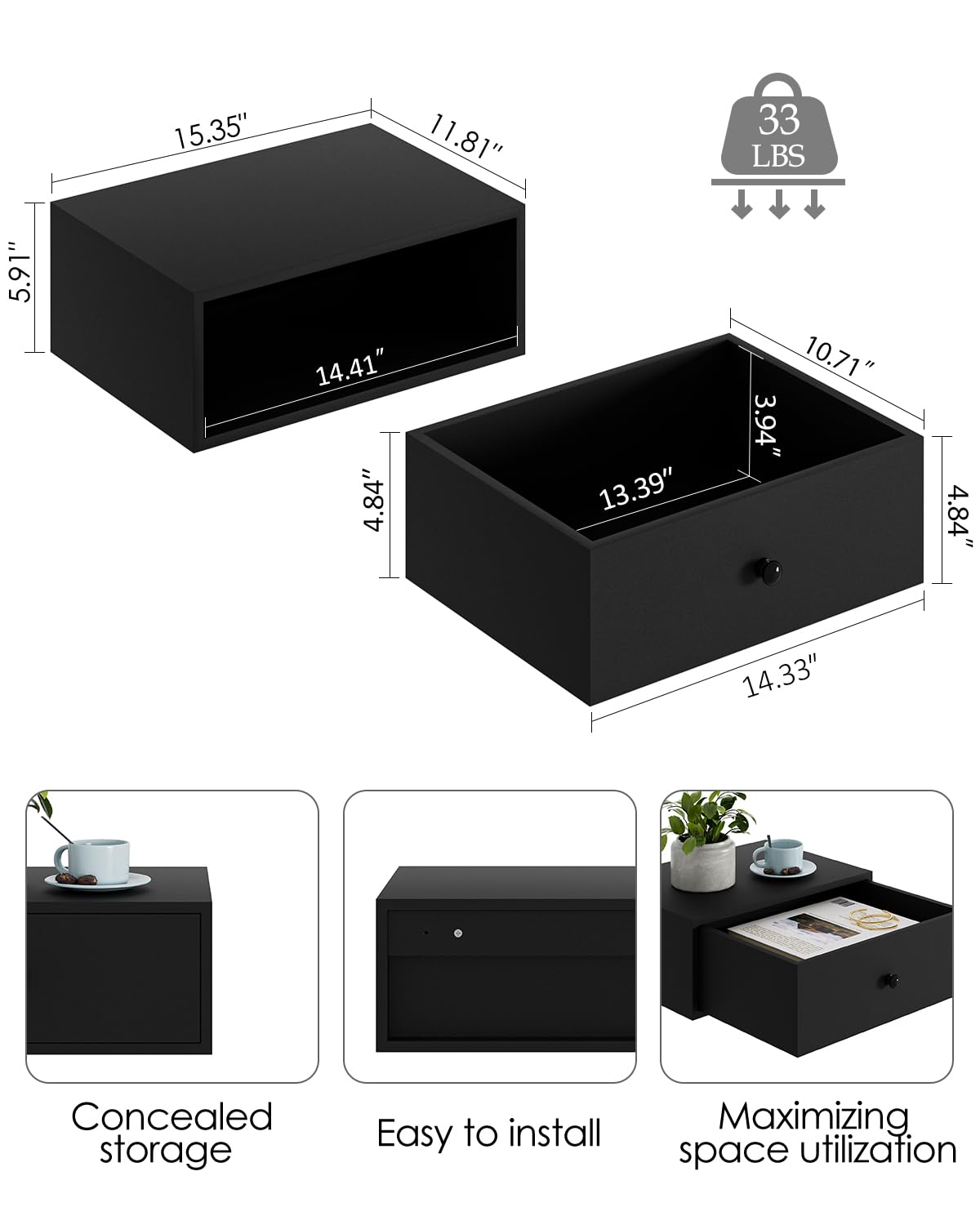 Aienvey Floating Nightstand, Floating Shelf with Drawer, Wall Mounted Nightstand, Floating Bedside Table (Black) Aienvey