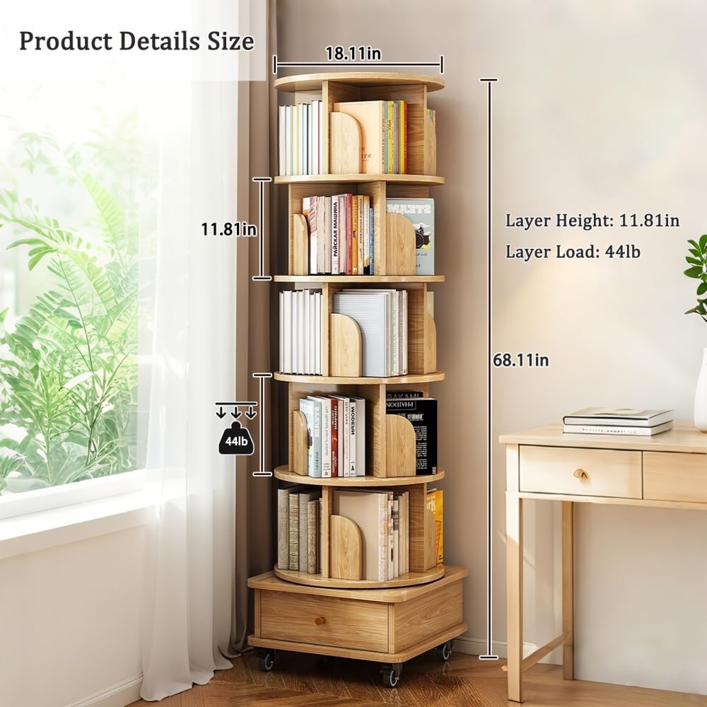 Furnuniq 360° 6 Tier Rotating Bookshelf with Drawer and Wheels, Tall Bookcase for Small Spaces, Corner Shelf for Bedroom, Living Room, Office, Wood Bookshelf, Natural Furnuniq