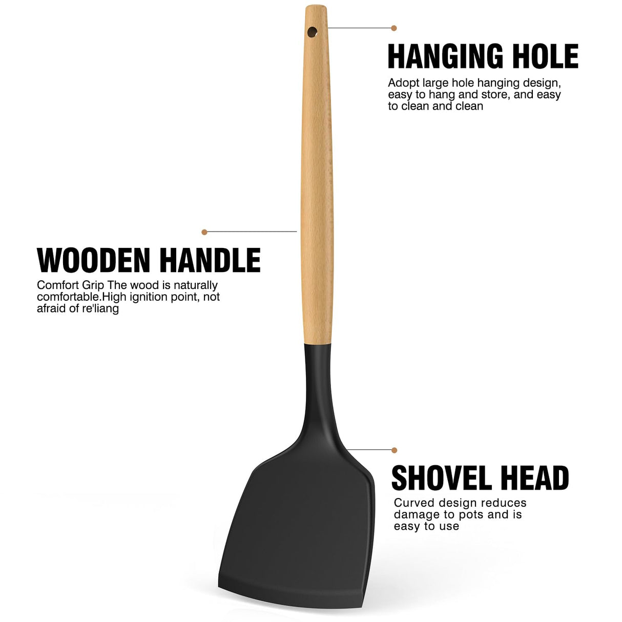 Silicone Cooking Utensils Set Utensil Sets - 446°F Heat Resistant Silicone Kitchen Utensils Set Wooden Handles, Silicone Utensils for Cooking w Holder for Non-Stick Cookware BPA FREE (Black) oannao