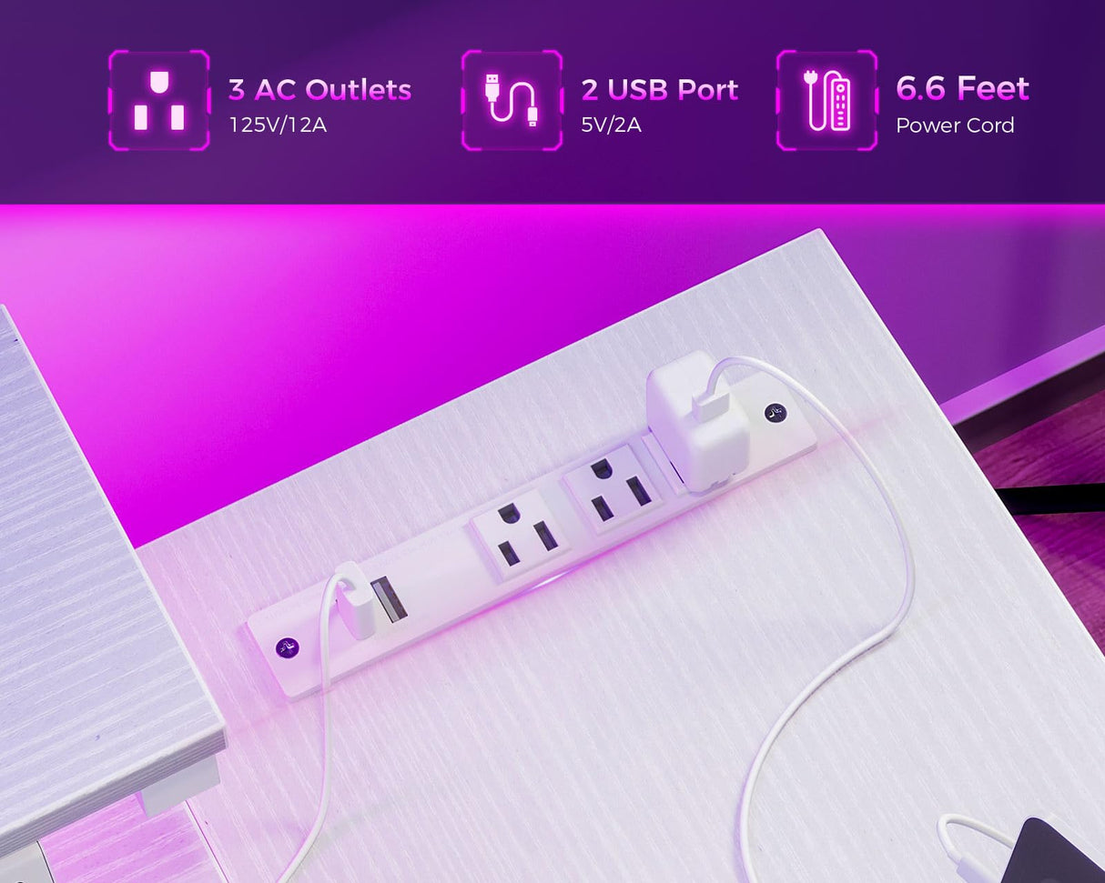 MOTPK White L Shaped Gaming Desk with Power Outlet, Reversible Computer Desk with Height Adjustable Monitor Stand, Coner Desk 43inch with LED Lights, Home Office Desk MOTPK