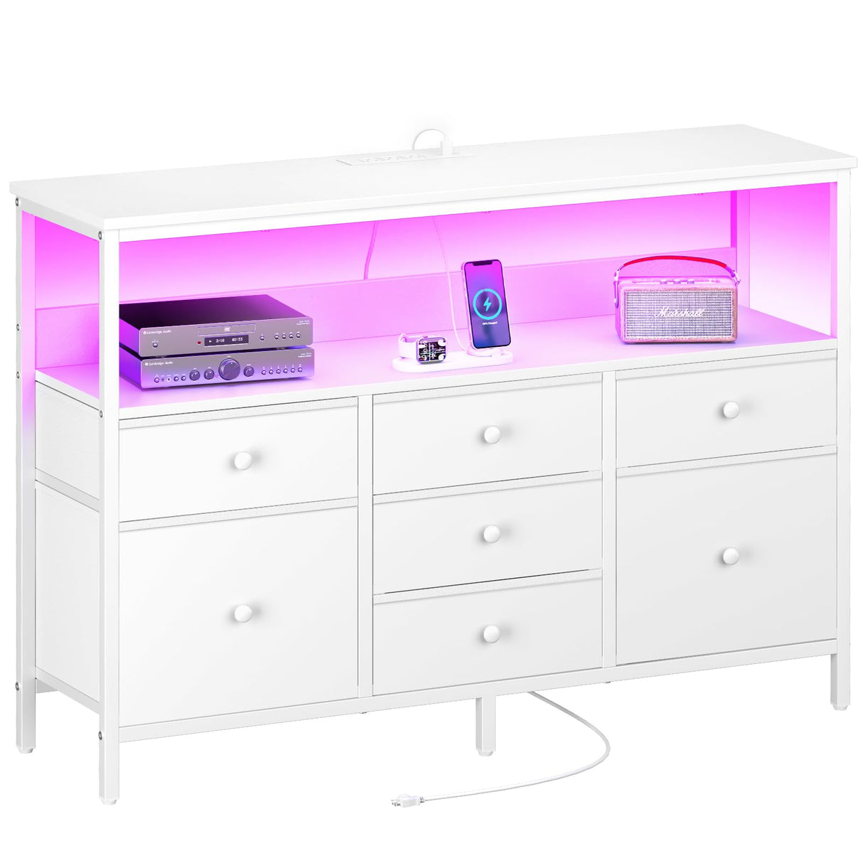 Yoobure LED TV Stand for Bedroom, 50 Inch Kids Dresser with Power Outlets, 7 Drawers Entertainment Center with Storage Shelf, TV Stands Dresser for Bedroom, Living Room, TV Console Entertainment Stand Yoobure