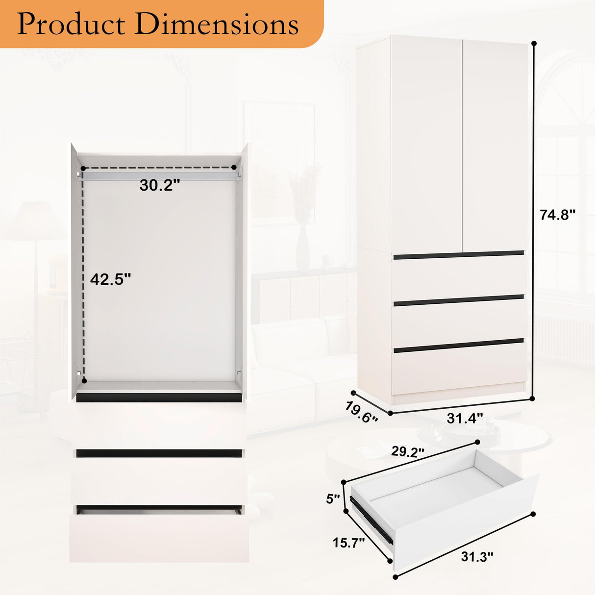Mhsatyrs Armoire Wardrobe Closet with Drawers:75" Large White Wardrobe Closet Cabinet with 6 Doors for Hanging Clothes, Modern Wooden Bedroom Armoires with 9 Drawers and Storage (B+B+B, 94.5") Mhsatyrs