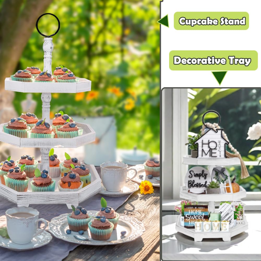 3 Tiered Tray Stand White Tier Serving Tray, Three Decorative Trays, Wooden Cupcake Stand 3 Tiered Farmhouse Tray for Home Decor(L 13.8” W 12.5” H 21.8”) MRPAPA