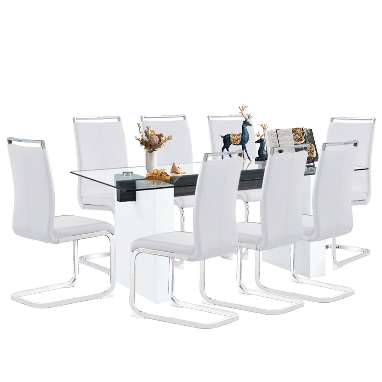 MEMUY Glass Dining Table Set for 8,Rectangle Dining Table Top with White High Glossy Wood Board Base,71”White Kitchen Table with 8 White Chairs for 6-8 Person MEMUY