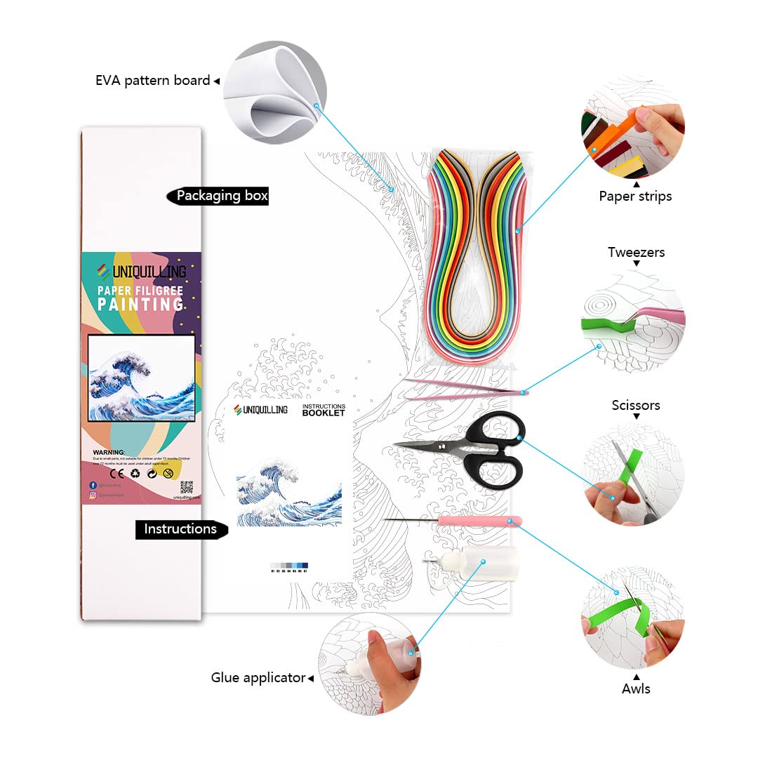 Uniquilling Quilling Kit Paper Quilling Kit for Adults Beginner, Handmade DIY Craft Quilling Paper Filigree Painting Kit Tools, Room Wall Art Decor Gifts, 16 * 20-inch Great Wave Off Kanagawa (Basic) Uniquilling