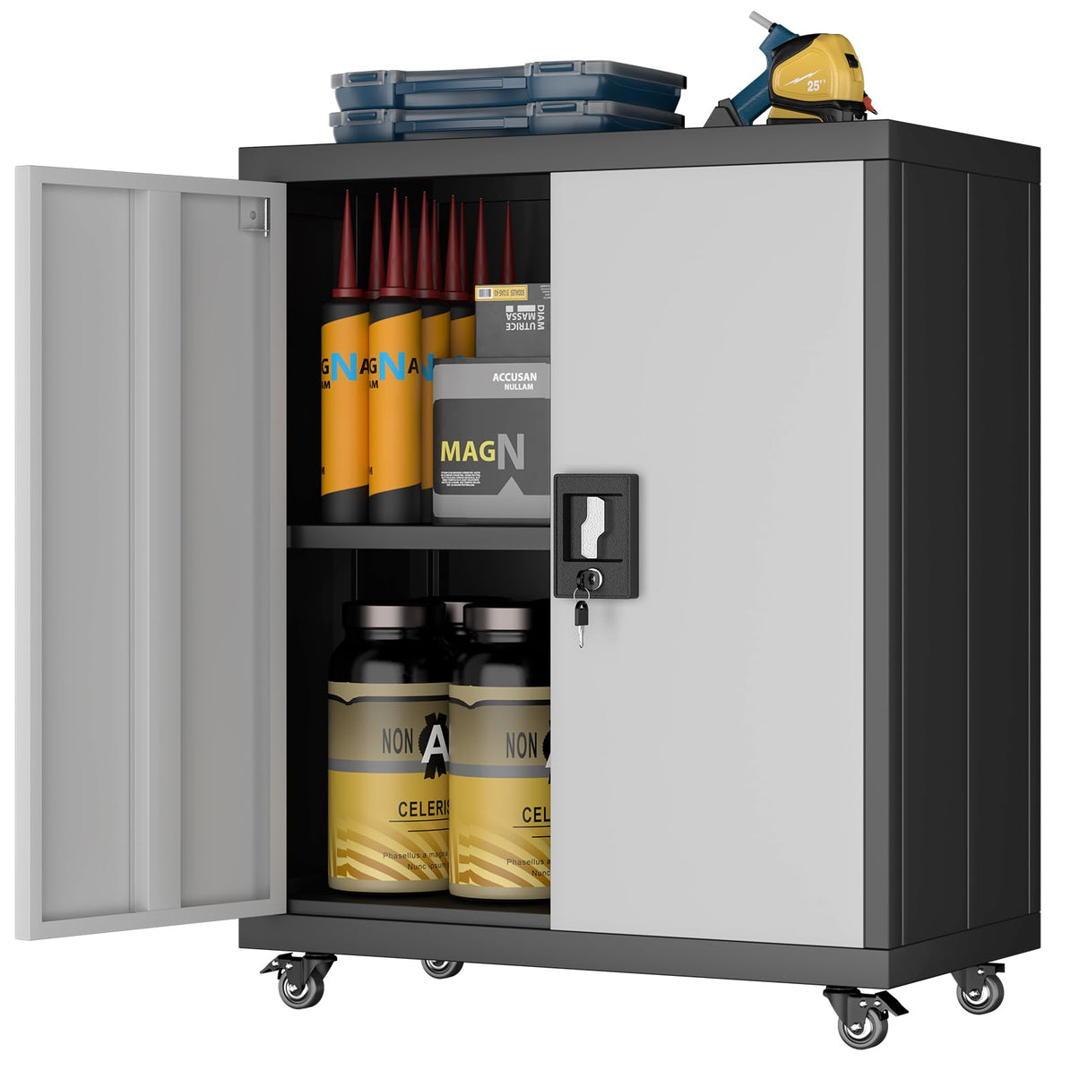 FATIGOS 31.5''H Metal Storage Cabinet with Wheels, Garage Storage Cabinet with Lock, Lockable Steel Rolling Tool Chest with Doors & Adjustable Shelves for Garage, Home, Office, Assembly Required FATIGOS