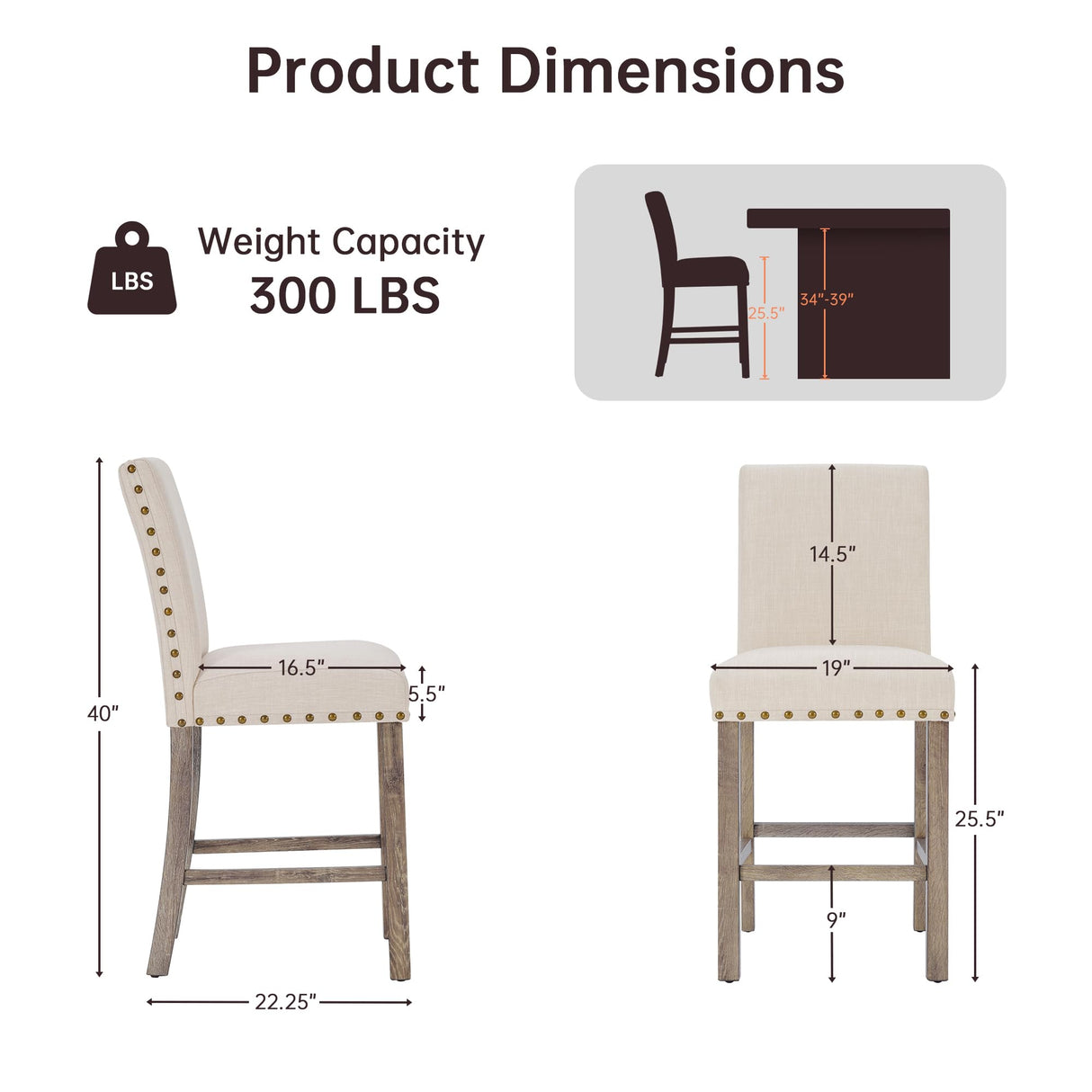 Bar Stools Set of 4, 25.5' Farmhouse Counter Height Barstools, Linen Upholstered Bar Chairs with Ergonomic Backrest and Wood Legs for Kitchen Island, Home Bar, Beige Farati