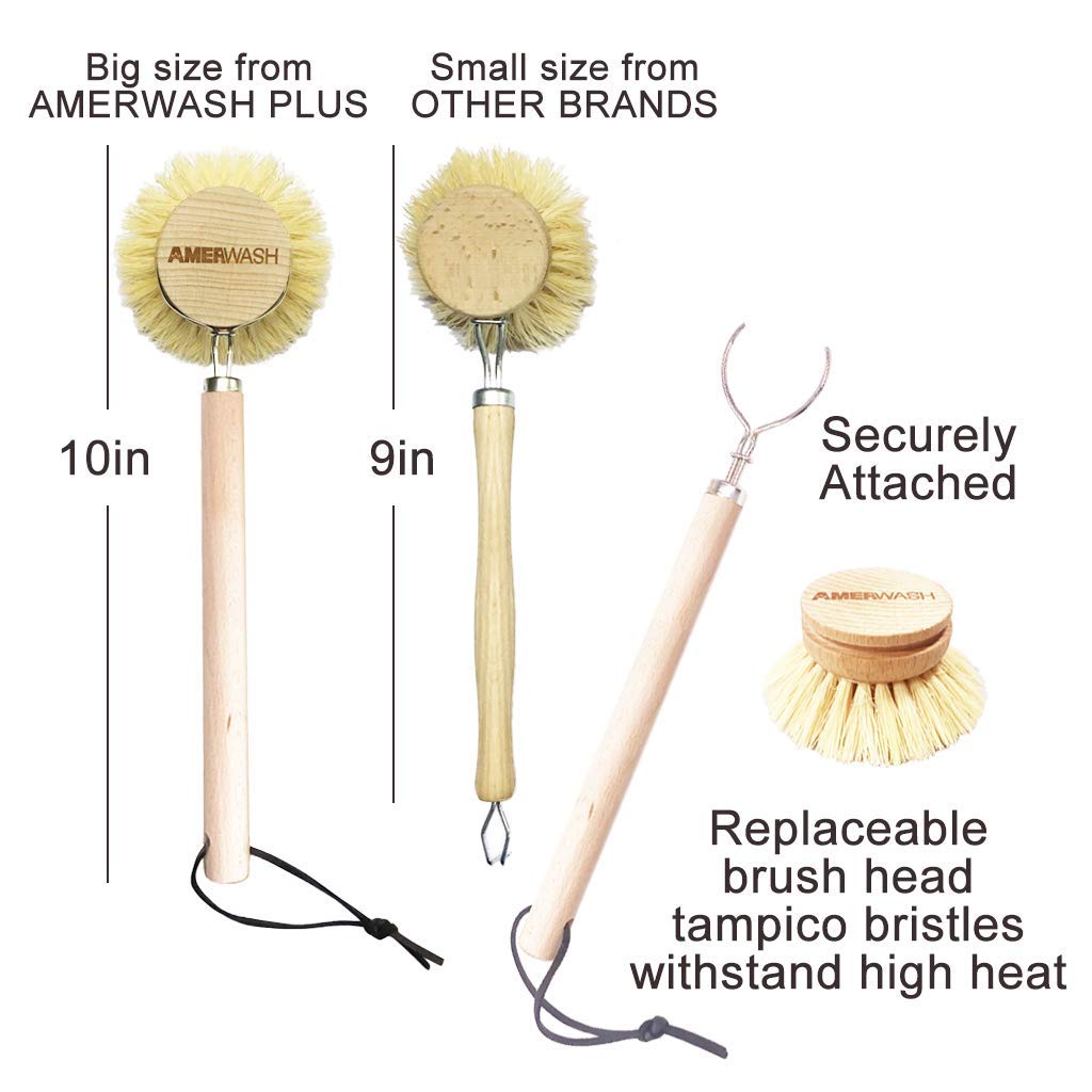 AMERWASH PLUS Dish Brush with Wooden Handle, Natural Kitchen Brush for Dishes Vegetable, Pots and Pans, Tampico Fiber Bristles Scrubber, Extra 3 Pack Replacement Head Included AMERWASH PLUS