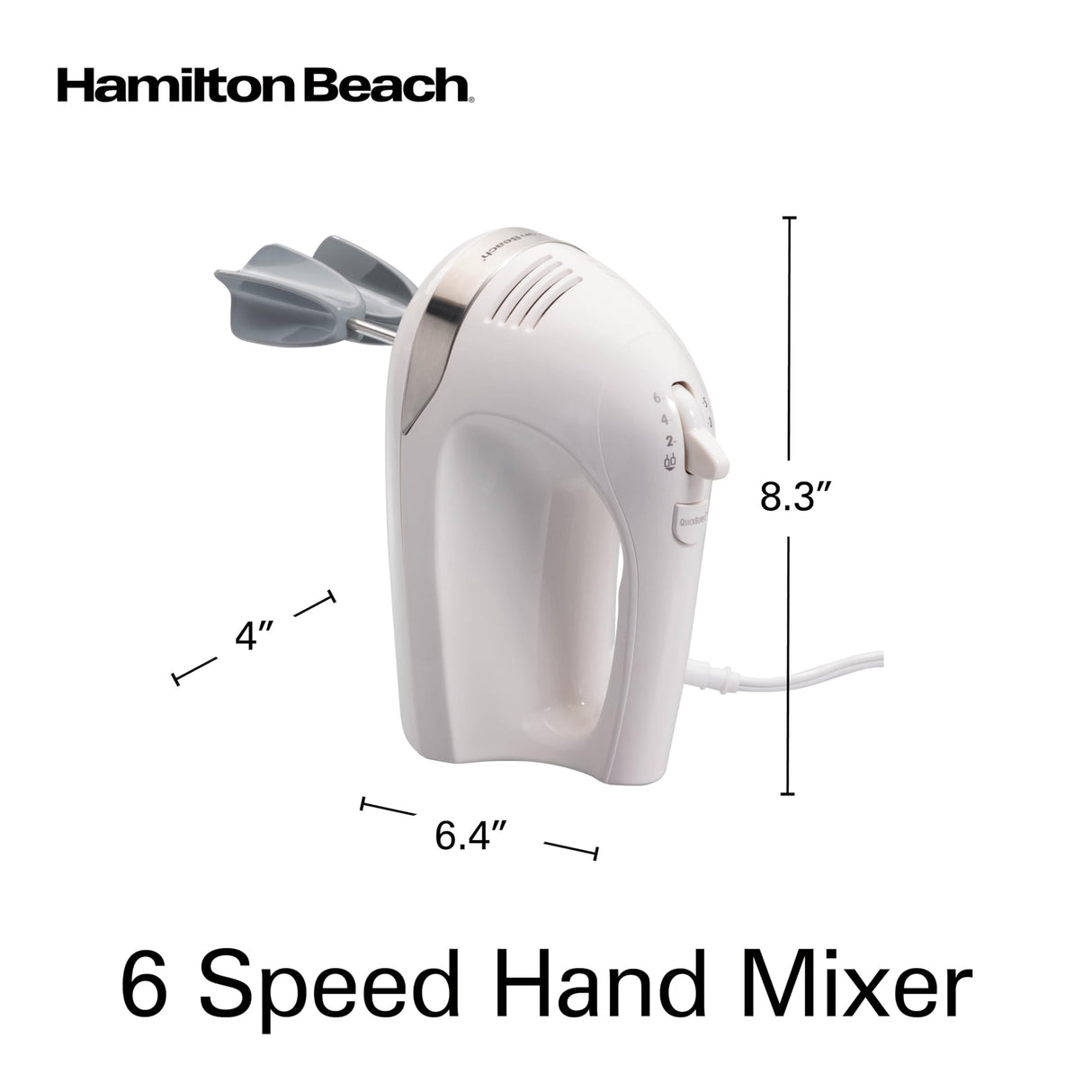 Hamilton Beach 6-Speed Electric Hand Mixer with Whisk, Dough Hooks and Easy Clean Beaters, Powerful 275 Watt Motor, Snap-On Storage Case, White Hamilton Beach
