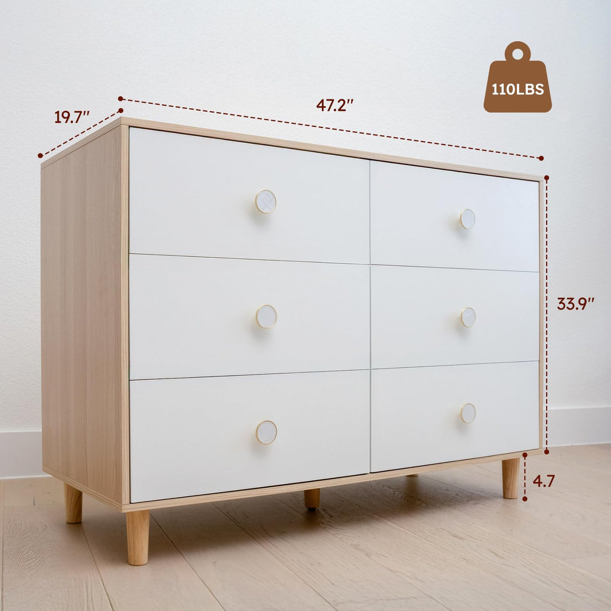 BERRY NEST White Dresser for Bedroom, 6 Drawer Dressers with Solid Wood Legs, Baby Dresser for Kids, Storage for Clothes and Baby Essentials BERRY NEST