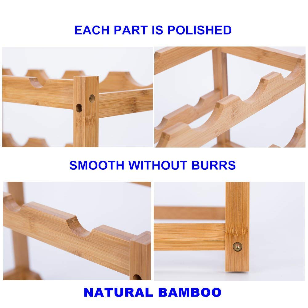 FOSTERSOURCE Wine Rack, Natural Bamboo Storage Rack Freestanding Countertop Stackable Display Shelf Wine Bottle Holder (3-Tiers 12-Bottles) FOSTERSOURCE