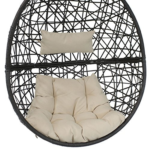 Sunnydaze Caroline Hanging Resin Wicker Egg Chair - 265-Pound Weight Capacity - Removable Beige Polyester Cushions