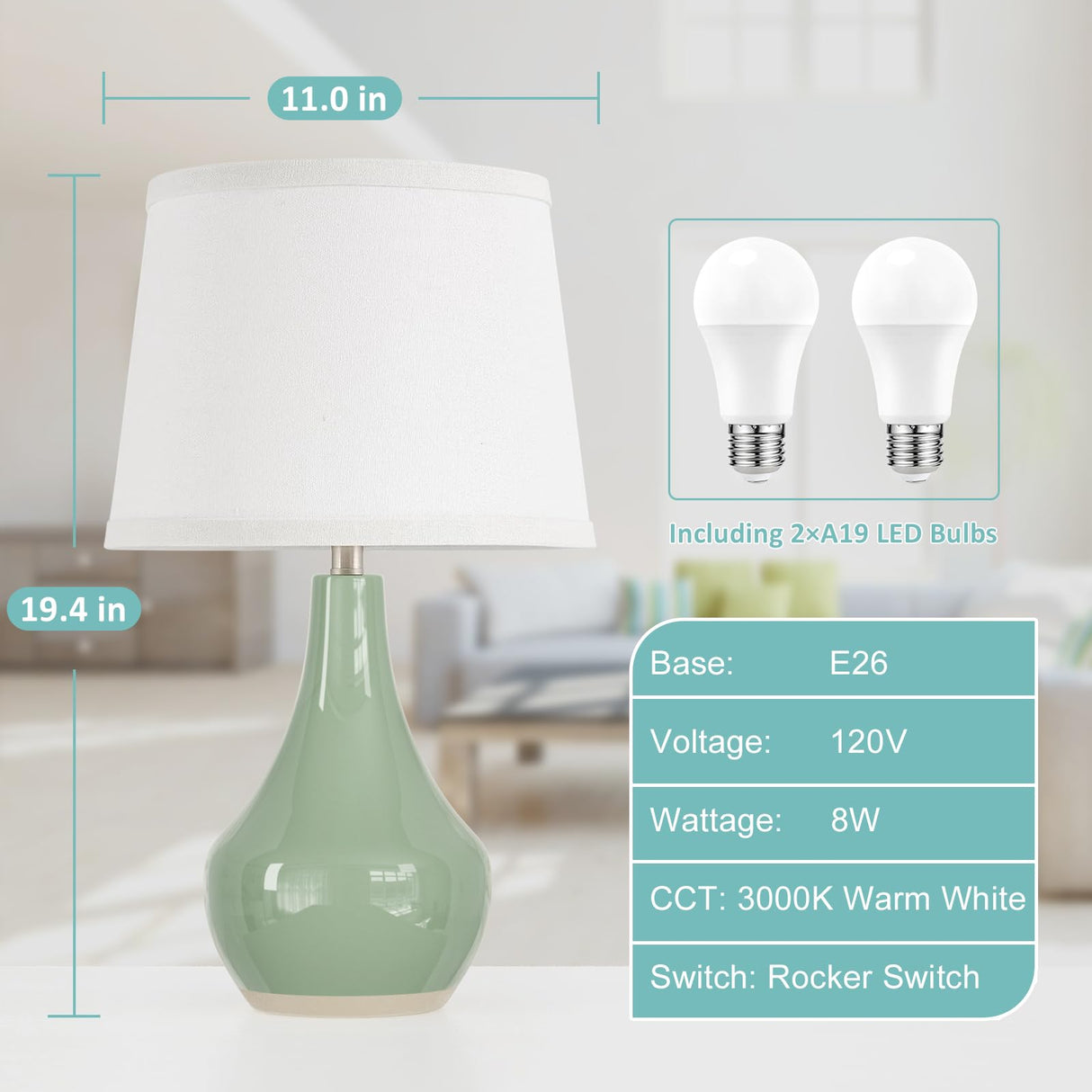 Seealle 19.4" Modern Ceramic Table Lamps for Night Stands - Bedside Lamps Set of 2 for Nightstand, Green Bedroom Lamp for Living Room Cute Desk End Table Office Guest Room Dresser Rocker Swtich Seealle