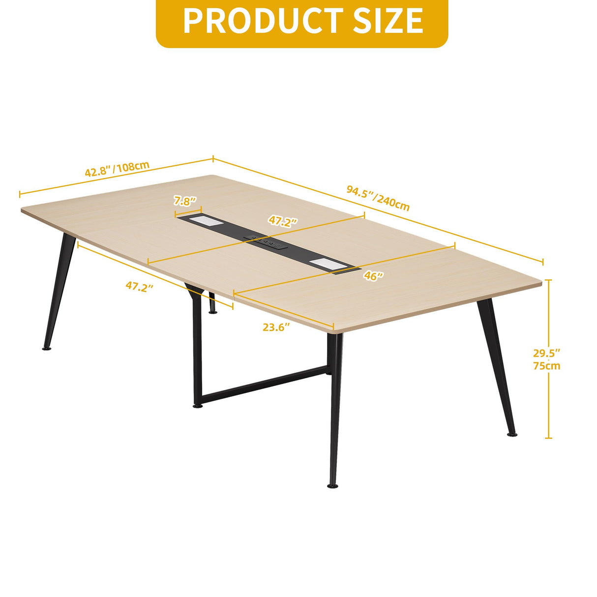 DWVO 8FT Conference Table, 94.5" Boat Shaped Meeting Table with Power Outlets & Rectangle Grommet, Modern Seminar Table for Office Conference Room, Boardroom Desk DWVO
